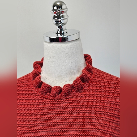 Madewell Womens Cotton Merino Wool Sweater Xsmall Ruffle Neck Red Textured - Picture 2 of 12